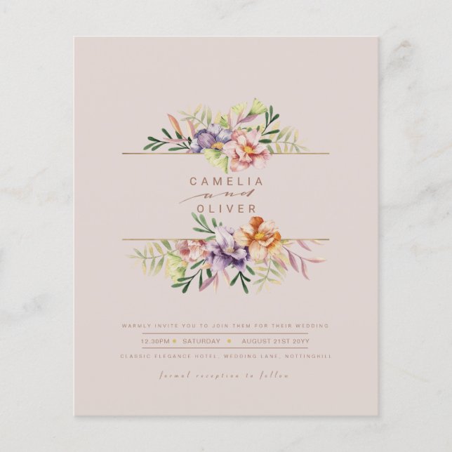 Flyer Purple Peach Summer Floral Wedding Invitar código  (Frente)