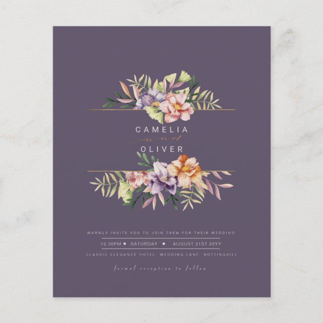 Flyer Purple Peach Summer Floral Wedding Invitar código  (Frente)