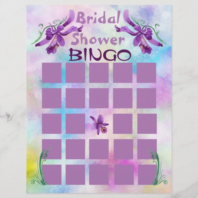 Flyer Púrpura acuarela Orquídeas Bridal Shower Bingo (Frente)