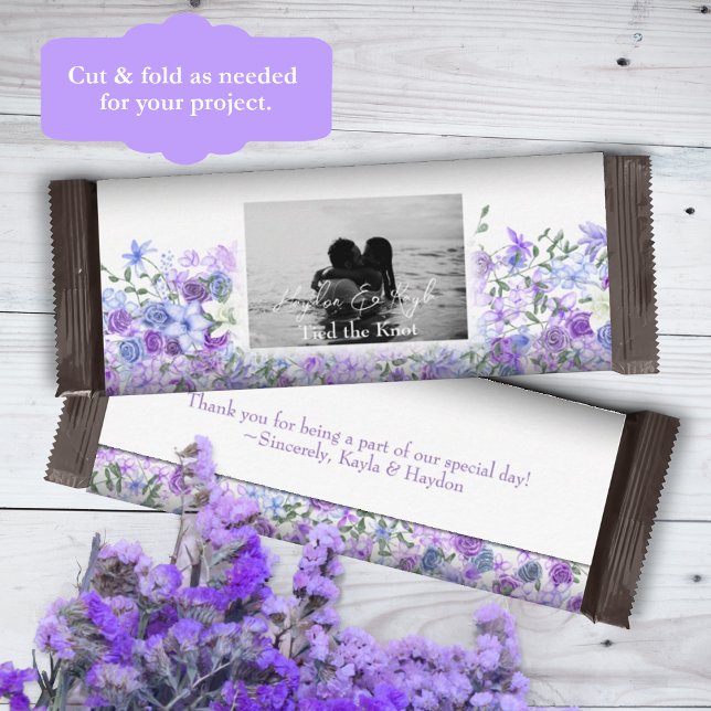 Flyer Púrpura, azul claro Boda de la barra de candelabro (purple dusty light blue lilac lavender personalized wedding chocolate candy bar wrapper labels)