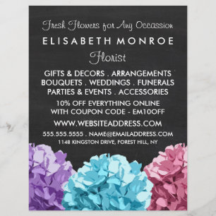 Flyer Púrpura, azul y rosa Hydrangea Chalkboard Florista