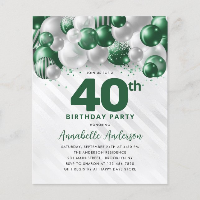 Flyer Purpurina barata de globo de plata verde 40 cumple (Frente)