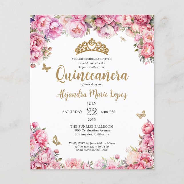 Flyer Purpurina barata de oro rosa floral Tiara Quinceañ (Frente)