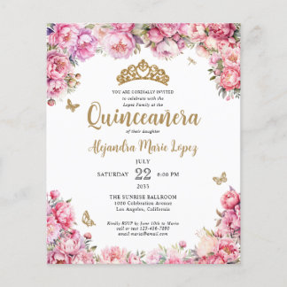 Flyer Purpurina barata de oro rosa floral Tiara Quinceañ