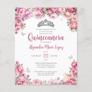 Flyer Purpurina barata de plata rosa floral Tiara Quince