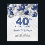 Flyer Purpurina barato de globo Blue Silver 40 cumpleaño<br><div class="desc">Purpurina de globo de plata azul de la Marina de Glam moderna se esparce a cualquier edad Invitación de cumpleaños</div>