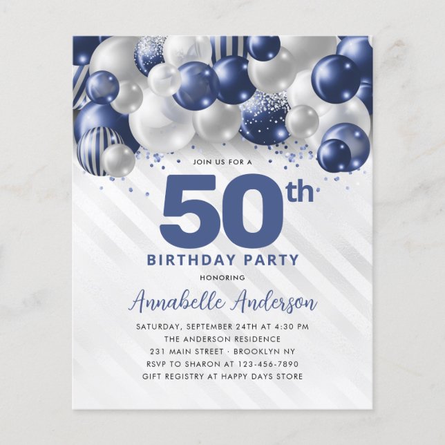 Flyer Purpurina barato de globo Blue Silver 50 cumpleaño (Frente)