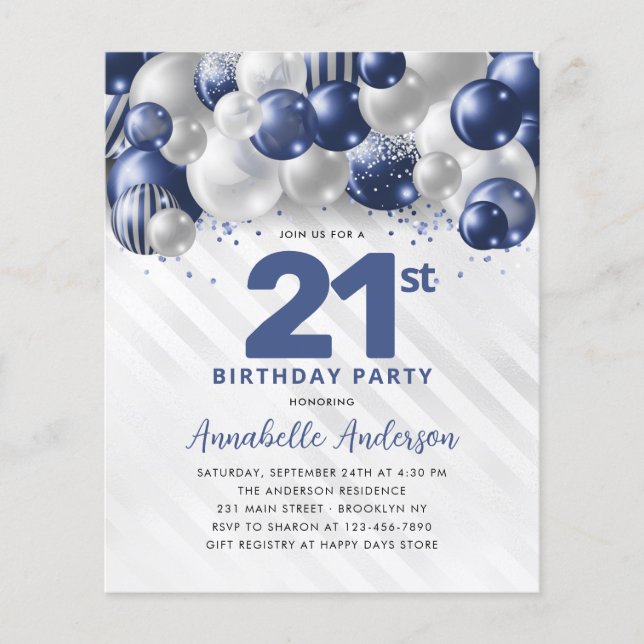 Flyer Purpurina barato de globo de plata azul 21 cumplea (Frente)