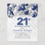 Flyer Purpurina barato de globo de plata azul 21 cumplea<br><div class="desc">Purpurina de globo de plata azul de la Marina de Glam moderna se esparce a cualquier edad Invitación de cumpleaños</div>