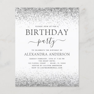 Flyer Purpurina de cumpleaños de cualquier edad de plata