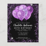 Flyer Purpurina de globo Black Purple Glam con presupues<br><div class="desc">Moderno Glam Violeta Morada Lavanda Plum Plata Negro Purpurina Esparkle Balón Elegante Elegante Invitación de cumpleaños</div>