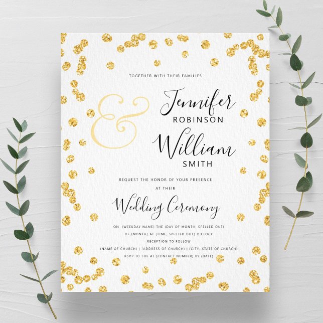 Flyer PURPURINA de Oro de PRESUPUESTO Boda de guión de c (BUDGET Gold Glitter Confetti Script Wedding Flyer)