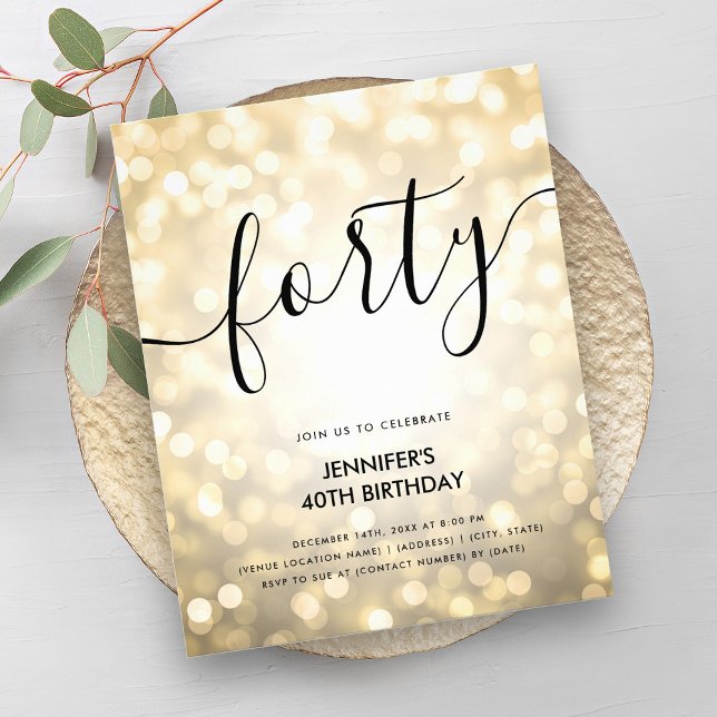 Flyer Purpurina de oro del PRESUPUESTO moderno enciende  (Modern BUDGET Gold Glitter Lights 40th Birthday Flyer)