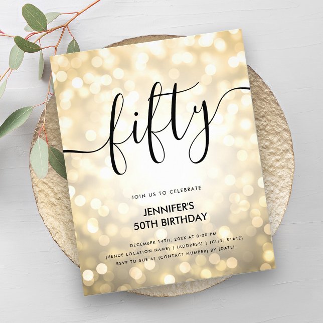 Flyer Purpurina de oro del PRESUPUESTO Moderno enciende  (Modern BUDGET Gold Glitter Lights 50th Birthday Flyer)