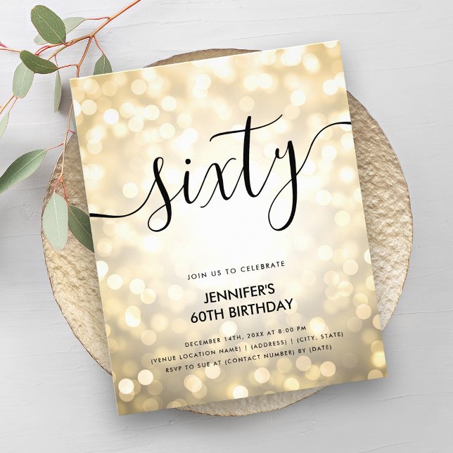 Flyer Purpurina de oro del PRESUPUESTO Moderno enciende  (Modern BUDGET Gold Glitter Lights 60th Birthday Flyer)