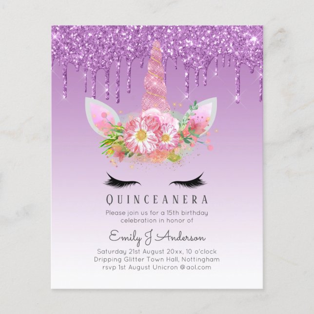 Flyer PURPURINA de Quinceanera Unicorn Anicorn Winged (Frente)