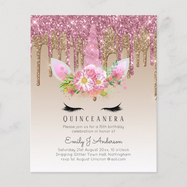 Flyer PURPURINA de Quinceanera Unicorn Anicorn Winged (Frente)