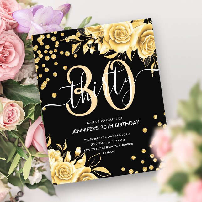 Flyer Purpurina floral de oro negro de presupuesto 30 cu (Budget Black Gold Floral Glitter 30th Birthday Flyer)