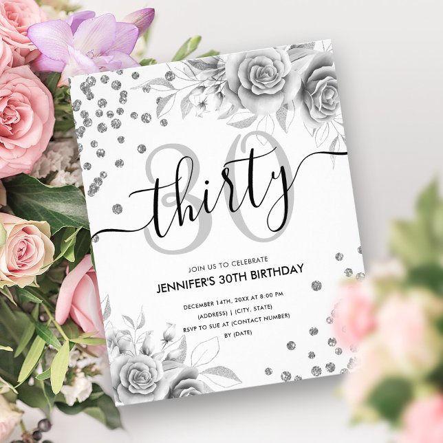 Flyer Purpurina floral de plata de presupuesto 30 cumple (Budget Silver Floral Glitter 30th Birthday Flyer)
