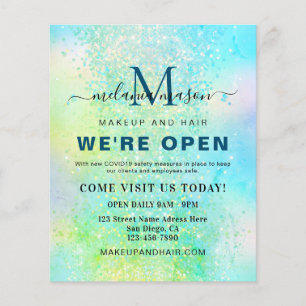 Flyer Purpurina holográfico We are Open Salon Modern Bea