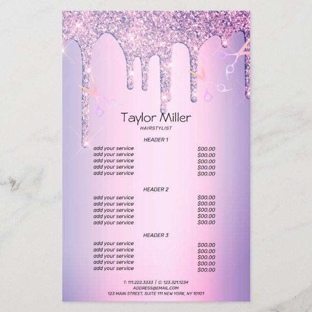 Flyer Purpurina morado gotea el pelo de tijeras holográf (Frente)