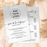 Flyer Purpurina plateado precio logotipo mármol Estamos<br><div class="desc">Informe a su cliente sobre su nueva reapertura con nuevas medidas de seguridad...  con este color oscuro purpurina plateado sobre mármol blanco de moda,  añada su logotipo y añada sus listas de precios y servicios en la parte posterior</div>