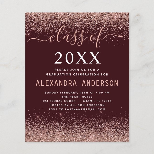 Flyer Purpurina rosa de graduación de Borgoña Foto de Pr (Frente)