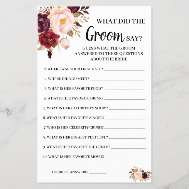 Flyer Qué dice Groom Marsala Bridal Shower Game Card (Frente)