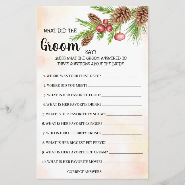 Flyer Qué dice Groom Navidades Bridal Shower Game Card (Frente)