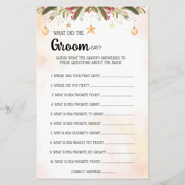 Flyer Qué dice Groom Navidades Bridal Shower Game Card F (Frente)