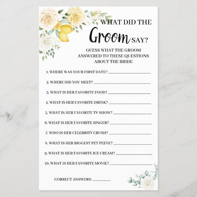 Flyer Qué dice Groom: Tarjeta de juego de ducha de novia (Frente)