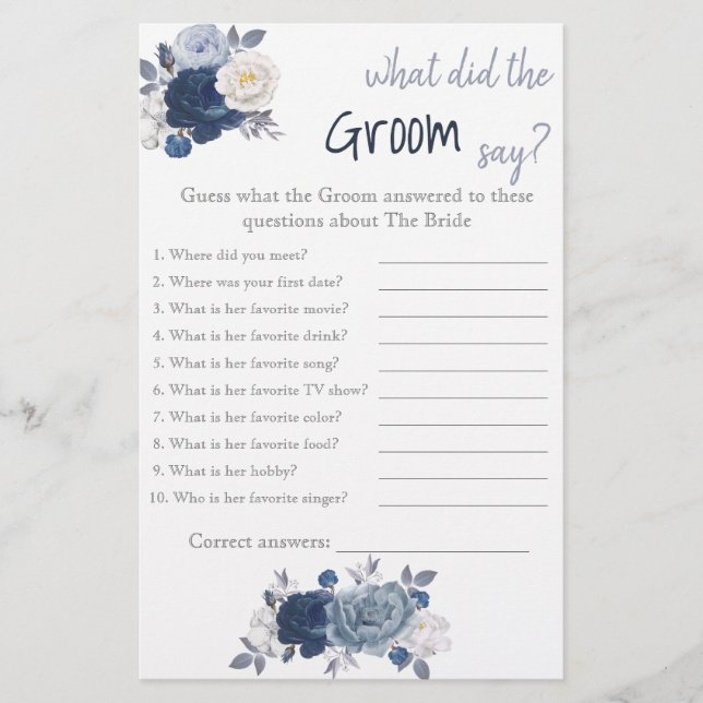 Flyer ¿Qué dijo el Groom? Juego de ducha de flores azule (Frente)