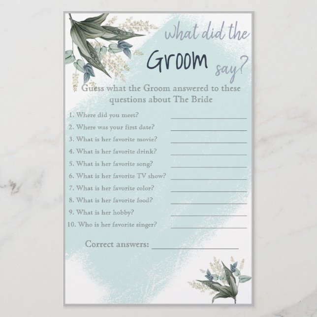 Flyer ¿Qué dijo el Groom? Juego de ducha de flores azule (Frente)