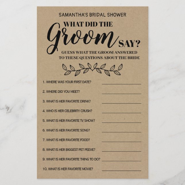 Flyer ¿Qué dijo Groom Groom? Tarjeta de juego Rustic Bri (Frente)