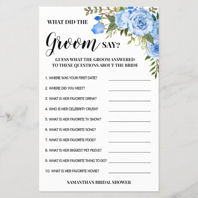 Flyer ¿Qué dijo Groom Say Bridal Shower Blue Game Card? (Frente)