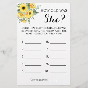Flyer ¿Qué edad tenía ella? Tarjeta de juego de girasole