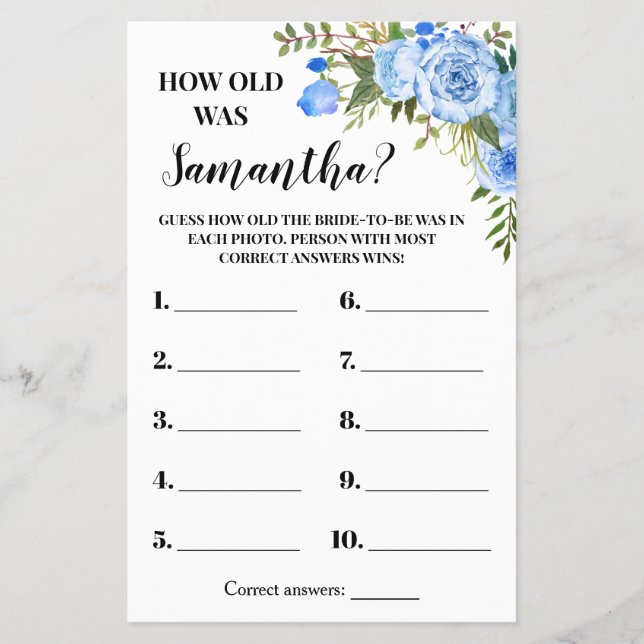 Flyer Qué edad tenía la tarjeta de juego azul Bridal Sho (Frente)