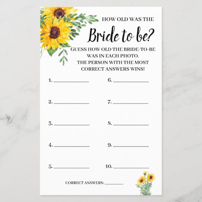 Flyer Qué edad tenía la tarjeta de juego Bride Sunflower (Frente)