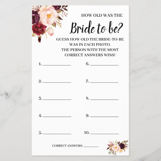 Flyer Qué edad tenía la tarjeta de juego Marsala Flowers (Frente)