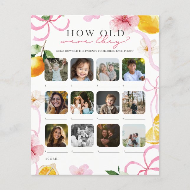 Flyer ¿Qué edad tenían? Juego de ducha de bebé Limón (Frente)