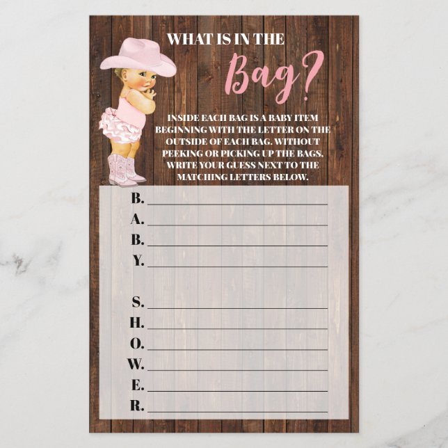 Flyer ¿Qué hay en la tarjeta de Baby Shower Bag Cowgirl? (Frente)