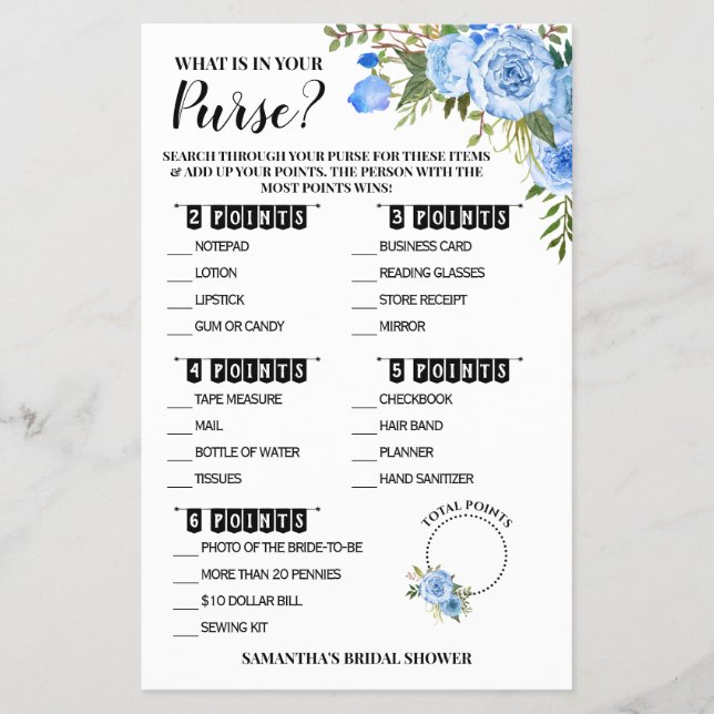 Flyer ¿Qué hay en la tarjeta de juego azul Purse Bridal  (Frente)