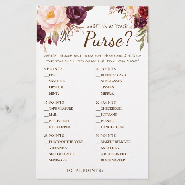 Flyer ¿Qué hay en la tarjeta de juego Purse Marsala Show (Frente)