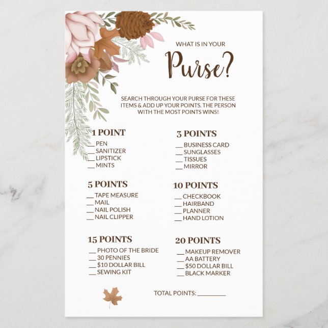 Flyer ¿Qué hay en tu bolso Boho Autumn Shower Game Card? (Frente)