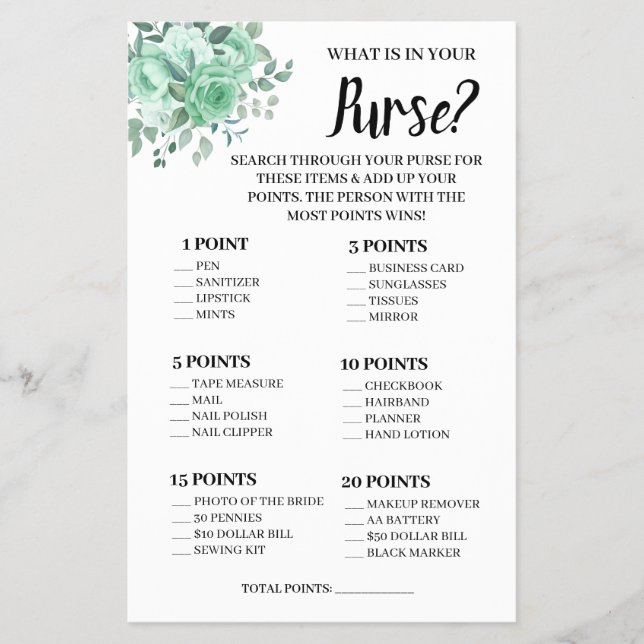 Flyer ¿Qué hay en tu bolso GreenRoses Shower Game Card? (Frente)