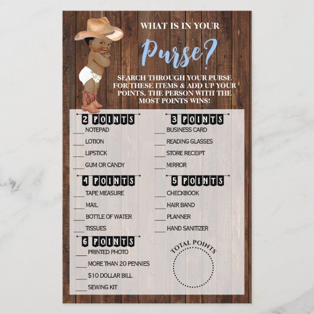 Flyer ¿Qué hay en tu bolso? Una tarjeta de juego de duch (Frente)