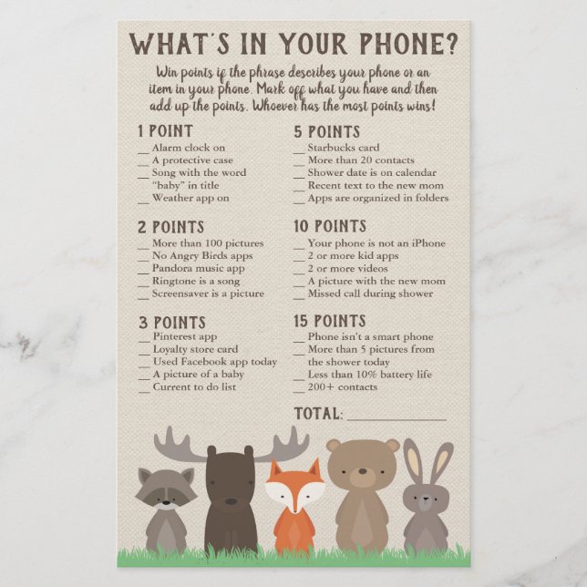 Flyer Qué hay en tu juego de teléfonos para Woodland Bab (Frente)