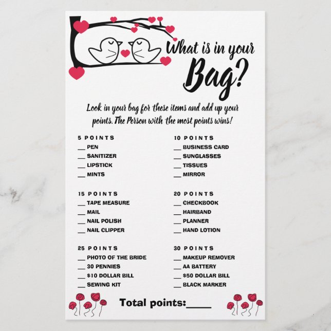 Flyer ¿Qué hay en tu tarjeta Bag Shower Game Card Love B (Frente)