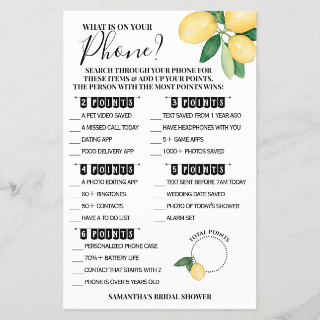 Flyer Qué hay en tu tarjeta de juego Lemons Shower (Frente)