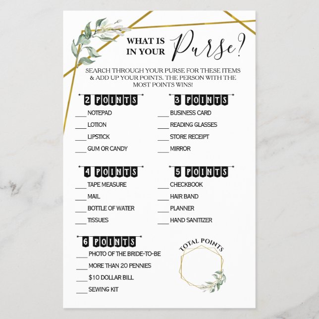 Flyer ¿Qué hay en tu tarjeta de juego Purse Greenery Sho (Frente)